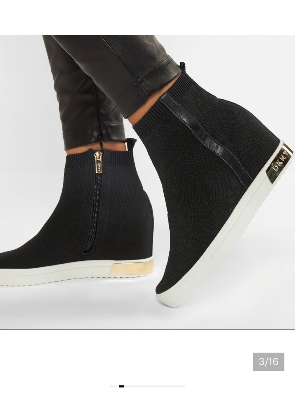 DKNY Black Knit Wedge Sneaker Boot with Gold Accents